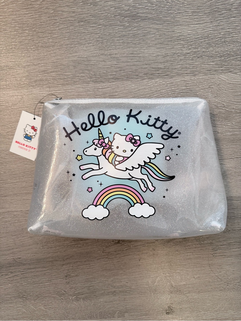Hello Kitty Silver Glitter Unicorn Cosmetic Pouch with Rainbow